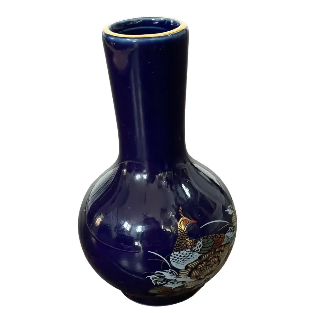 Cobalt Blue Bud Vase Porcelain Hand Painted Peacock Oriental Gold Rim Small READ